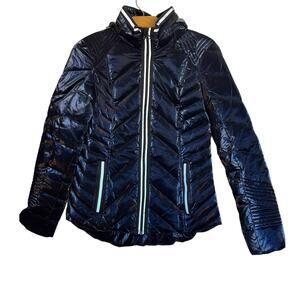 Blanc Noir Super Hero Puffer Down Filled Jacket Reflective Trim Blue Ski Winter